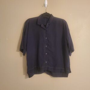 EVERLANE Deep Navy‎ Blue Tencel Lyocell Boxy Cropped Contrast Stitch Top Size S